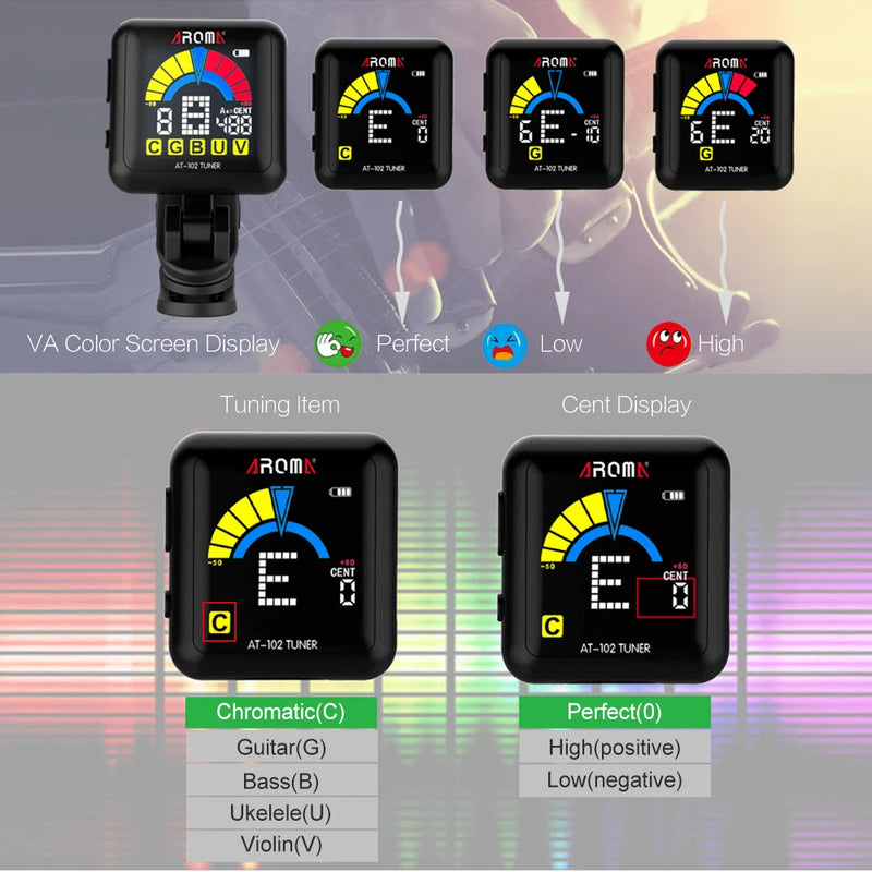 Afinador Digital de Instrumentos AROMA AT-102 com Clip Recarregável USB